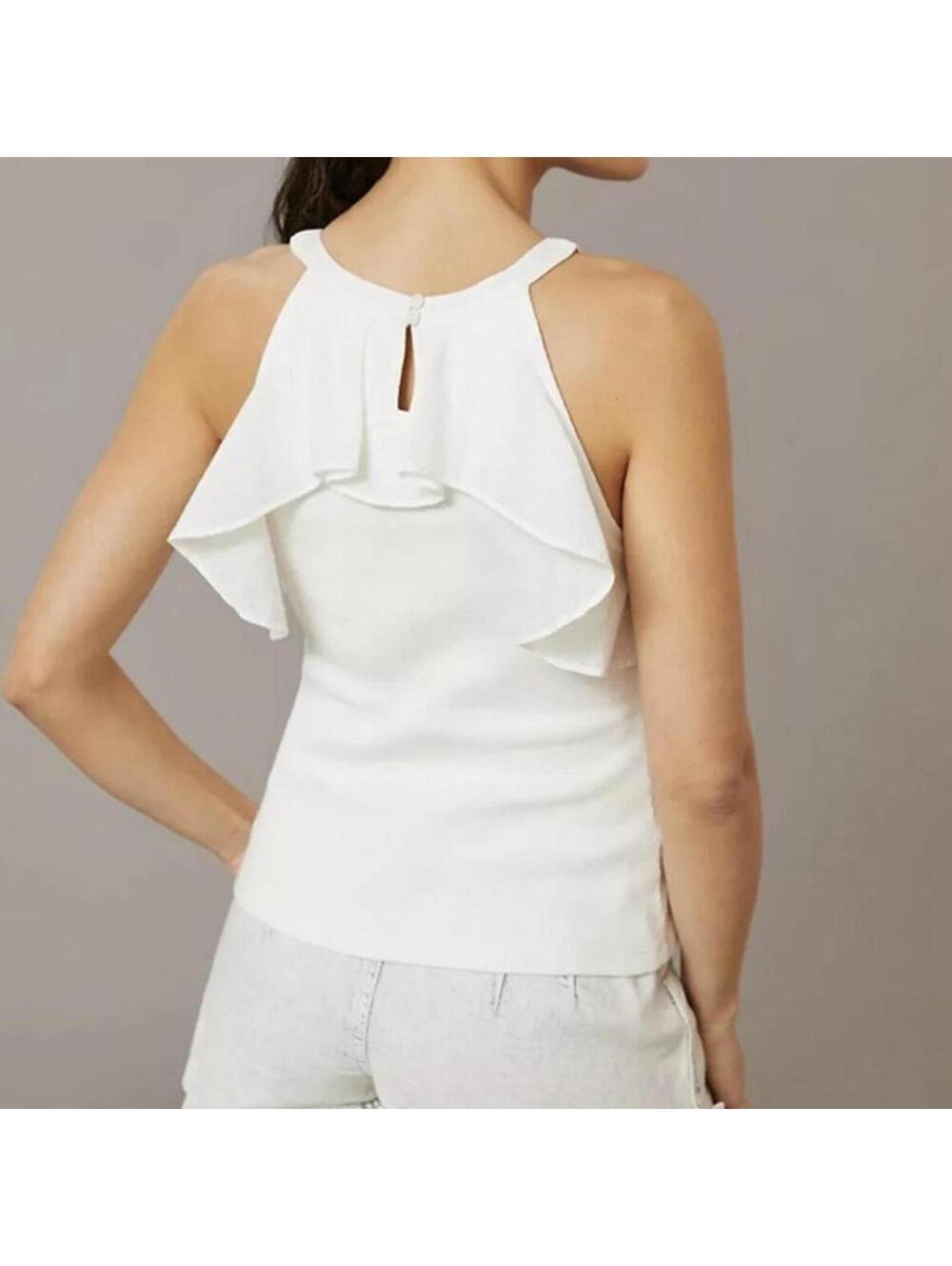 Maeve Anthropologie White Ribbed Ruffle Halter Tank Small - Picture 3 of 9